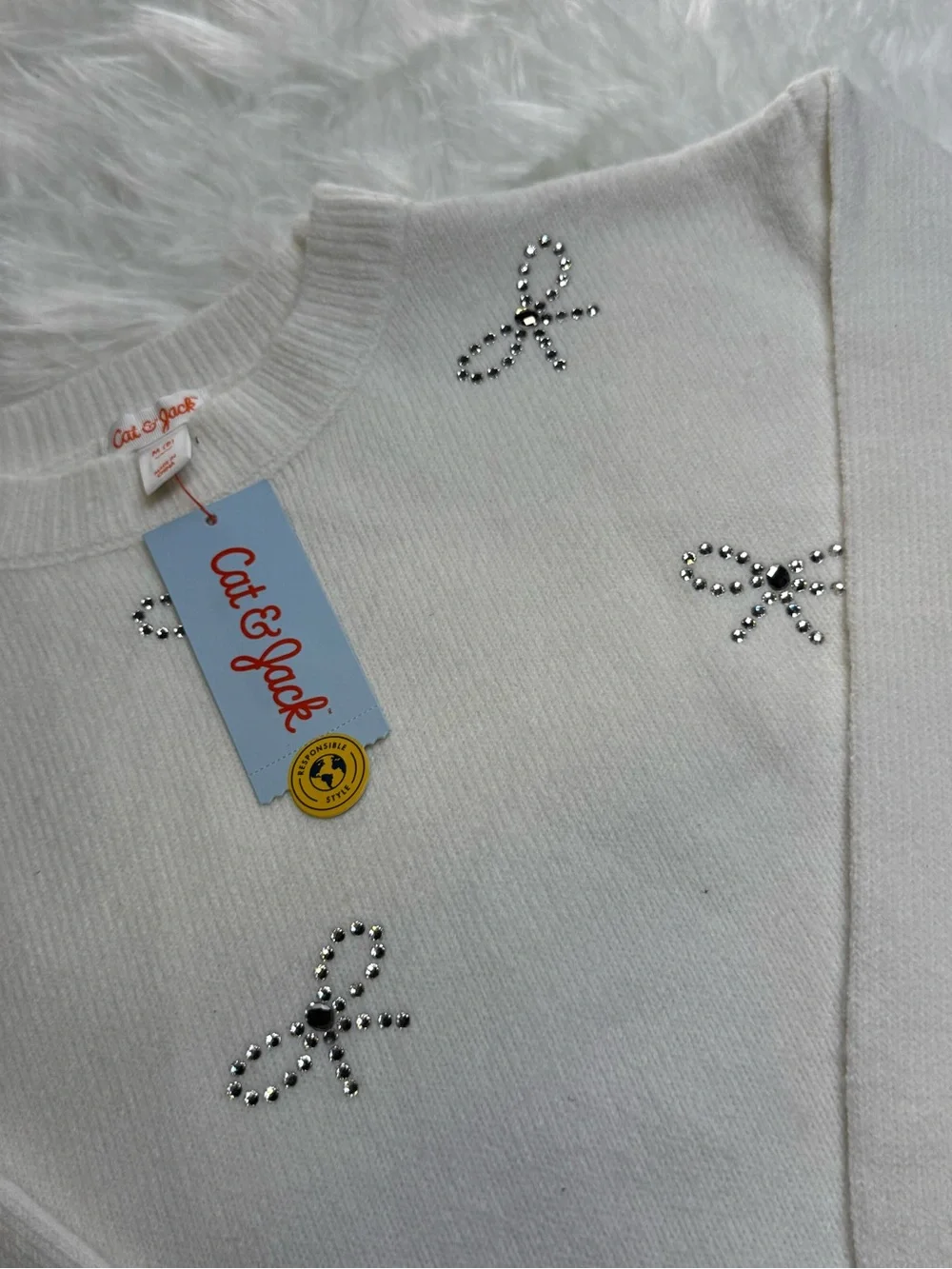 Cat & Jack Girls' Cream Sweater with Beaded Bow Accents size 8